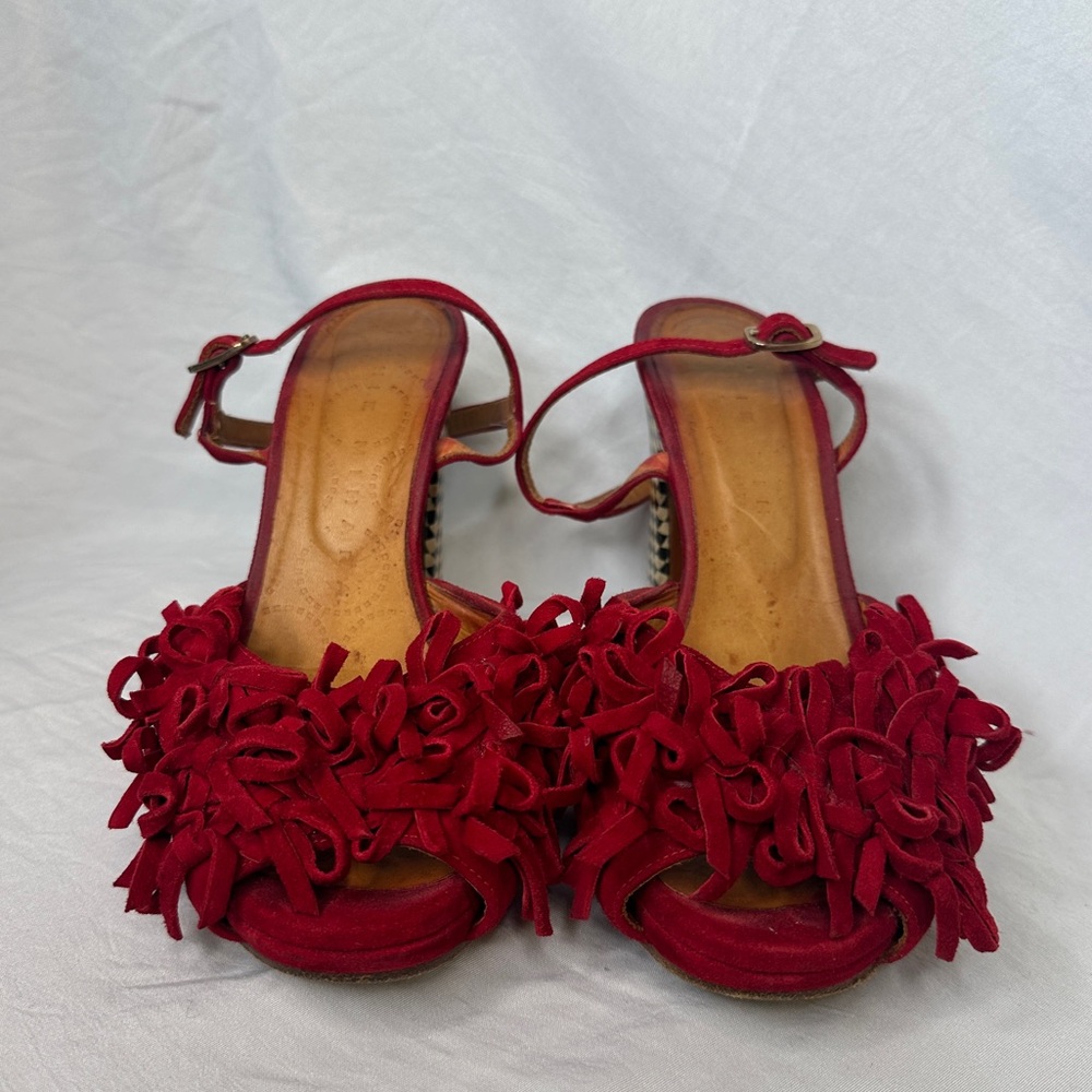 Chie Mihara AMANO-D vintage heels- red suede fringe with B&W checkered heels!👠